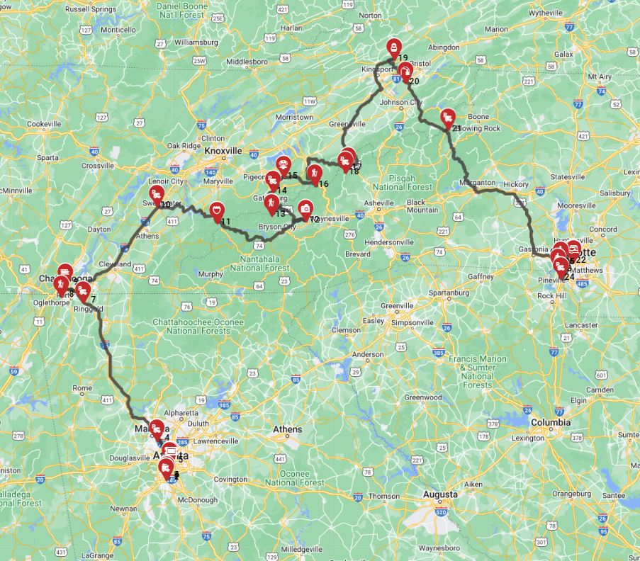 Map for Atlanta to Charlotte- via the Smoky Mountains and the Appalachian Trail